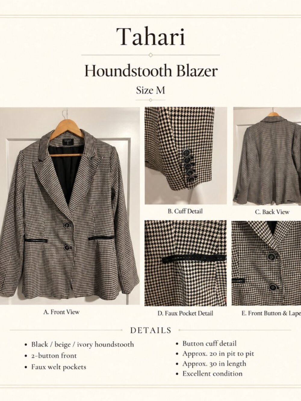 Tahari Houndstooth Blazer Size M Black Beige Tailored Career Jacket